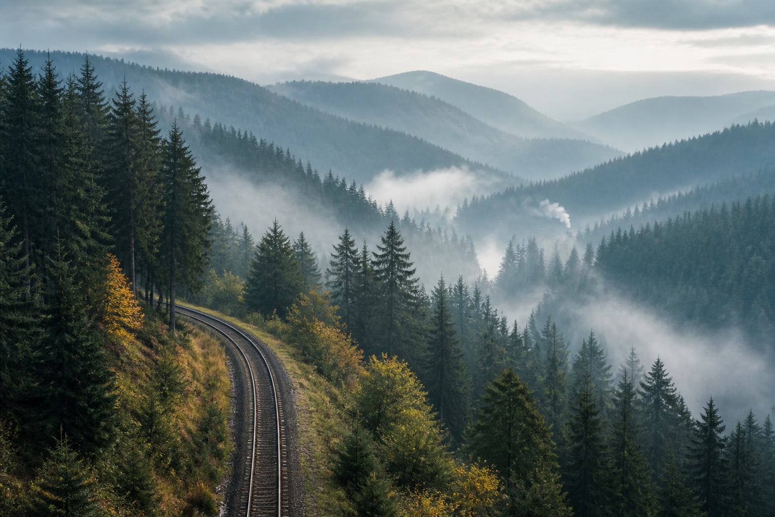 Dünne Bahnlinie-Atmosphäre durch Schichten aus Wald und Nebel im Harz