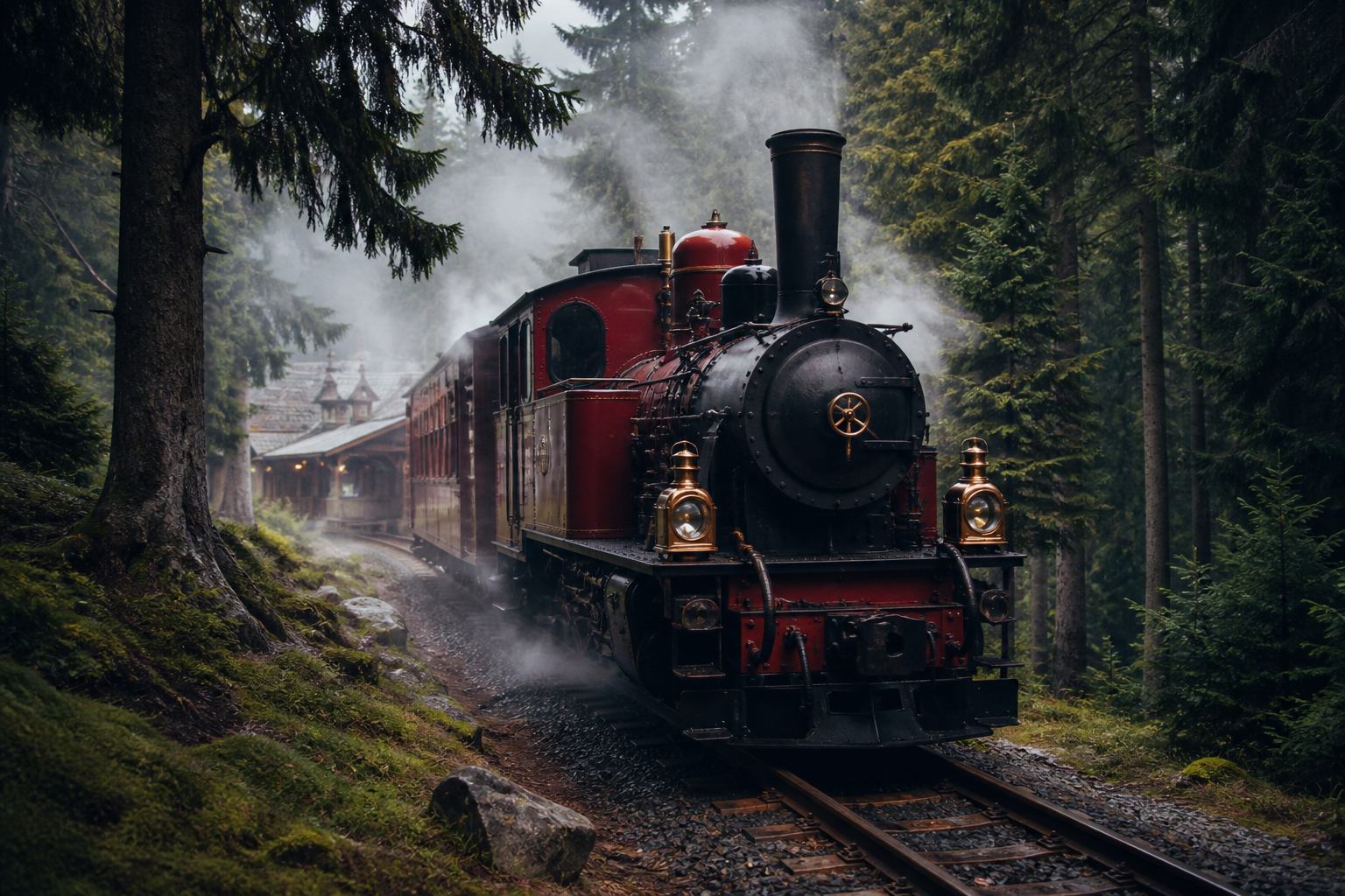 Rote Dampflokomotive zwischen Fichten auf einer Harzer Schmalspurstrecke